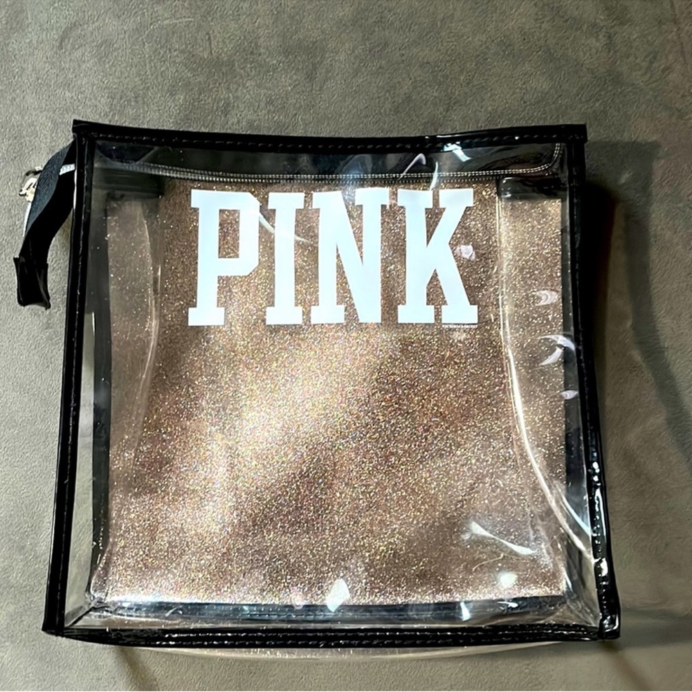 Clear plastic PINK makeup vanity pencil school bag with zipper.